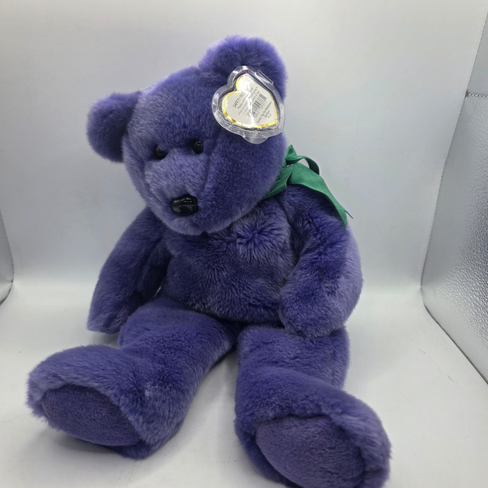 Ty Beanie Buddy Clubby II Purple Bear Plush Green Ribbon 2000 Heart Tag 14 inch